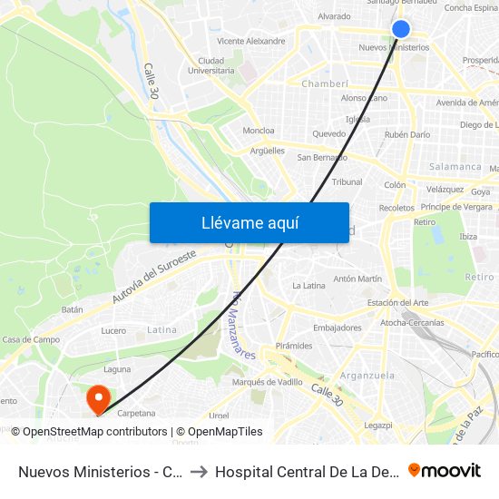 Nuevos Ministerios - Centro Comercial to Hospital Central De La Defensa Gómez Ulla. map
