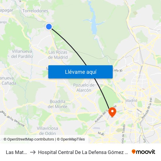 Las Matas to Hospital Central De La Defensa Gómez Ulla. map