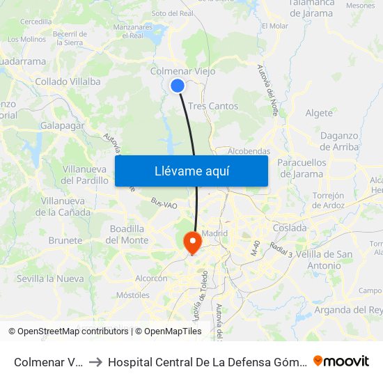 Colmenar Viejo to Hospital Central De La Defensa Gómez Ulla. map