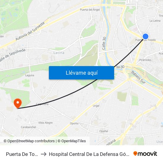 Puerta De Toledo to Hospital Central De La Defensa Gómez Ulla. map
