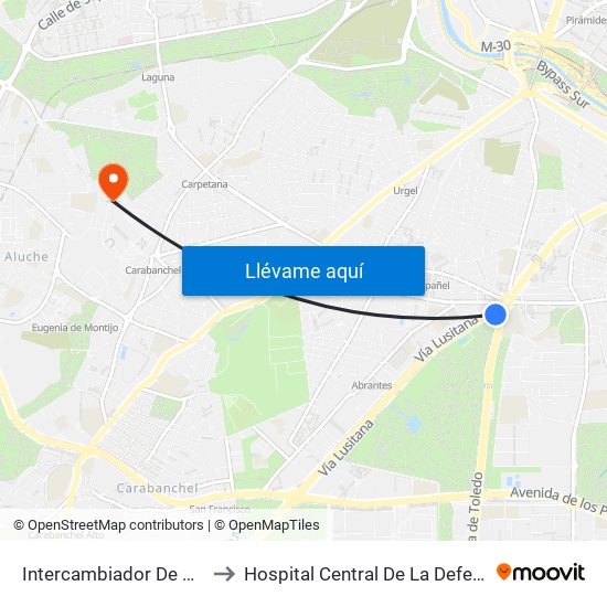 Intercambiador De Plaza Elíptica to Hospital Central De La Defensa Gómez Ulla. map