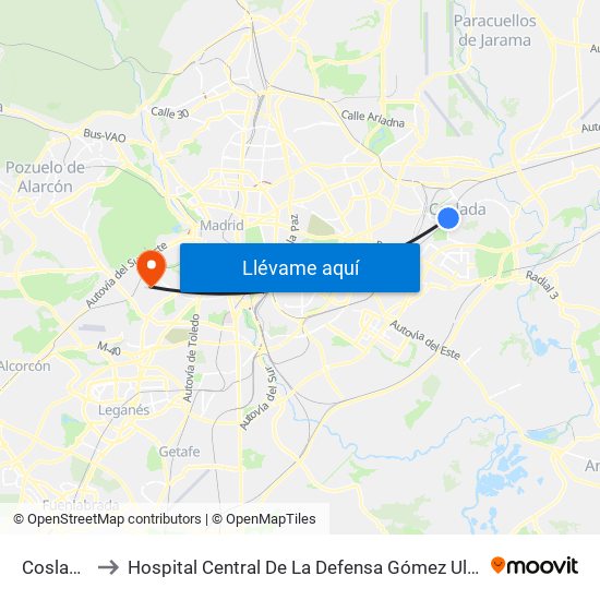 Coslada to Hospital Central De La Defensa Gómez Ulla. map