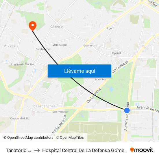 Tanatorio Sur to Hospital Central De La Defensa Gómez Ulla. map