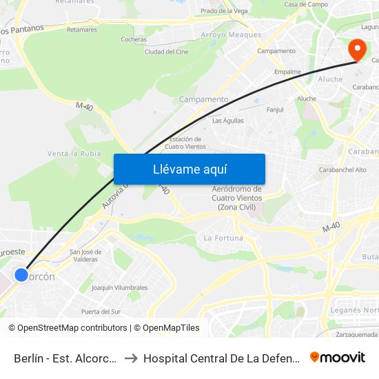 Berlín - Est. Alcorcón Central to Hospital Central De La Defensa Gómez Ulla. map