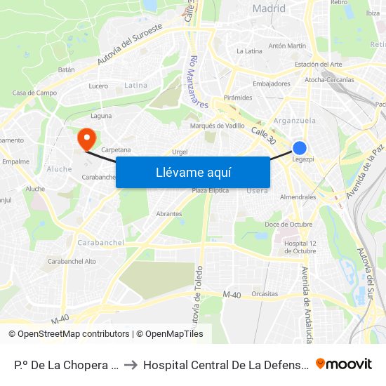 P.º De La Chopera - Legazpi to Hospital Central De La Defensa Gómez Ulla. map