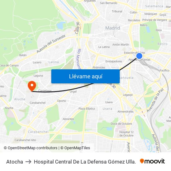 Atocha to Hospital Central De La Defensa Gómez Ulla. map