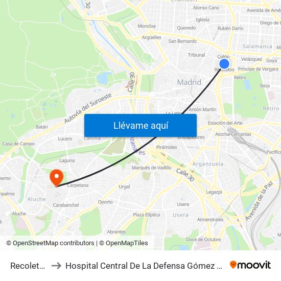 Recoletos to Hospital Central De La Defensa Gómez Ulla. map