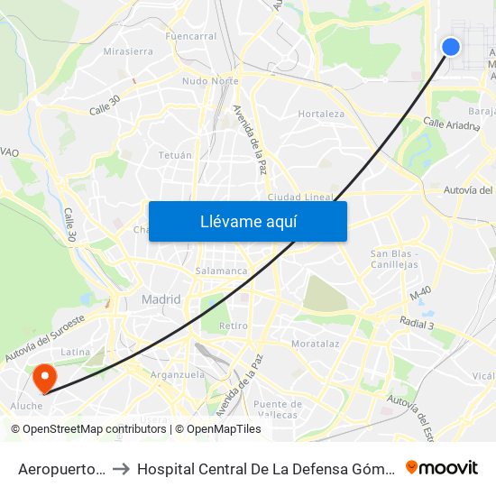 Aeropuerto T4 to Hospital Central De La Defensa Gómez Ulla. map