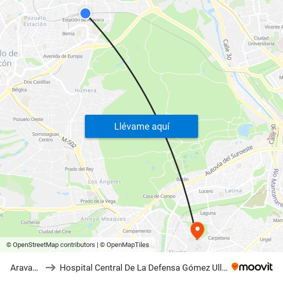 Aravaca to Hospital Central De La Defensa Gómez Ulla. map