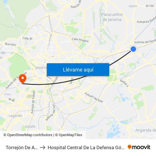 Torrejón De Ardoz to Hospital Central De La Defensa Gómez Ulla. map