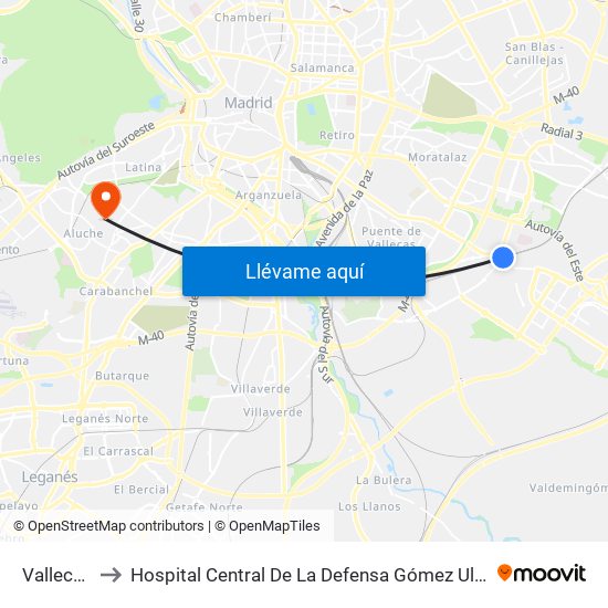 Vallecas to Hospital Central De La Defensa Gómez Ulla. map