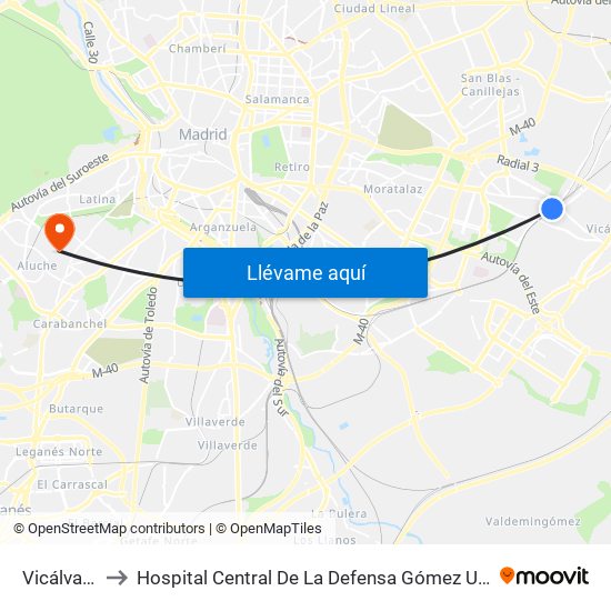 Vicálvaro to Hospital Central De La Defensa Gómez Ulla. map