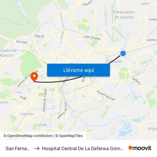 San Fernando to Hospital Central De La Defensa Gómez Ulla. map