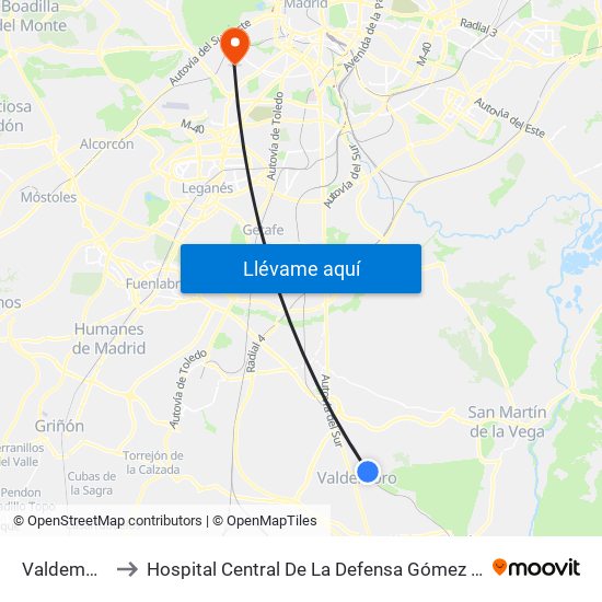 Valdemoro to Hospital Central De La Defensa Gómez Ulla. map