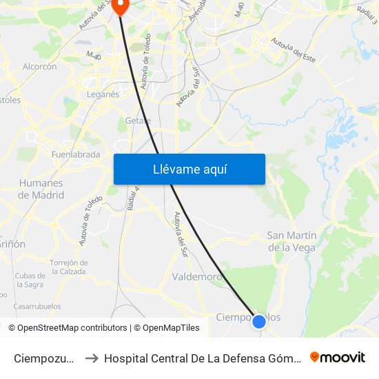 Ciempozuelos to Hospital Central De La Defensa Gómez Ulla. map