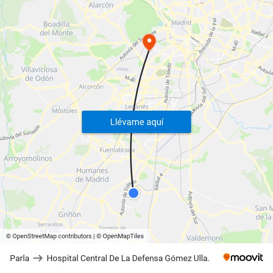 Parla to Hospital Central De La Defensa Gómez Ulla. map