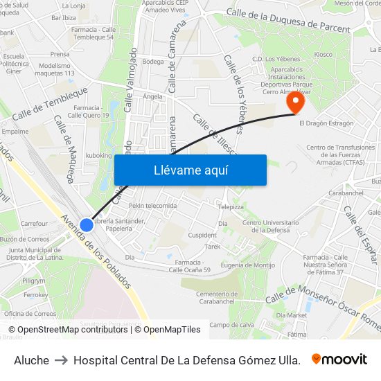 Aluche to Hospital Central De La Defensa Gómez Ulla. map