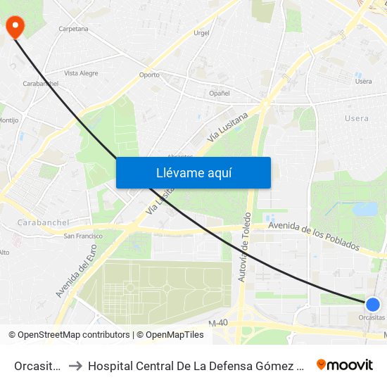 Orcasitas to Hospital Central De La Defensa Gómez Ulla. map