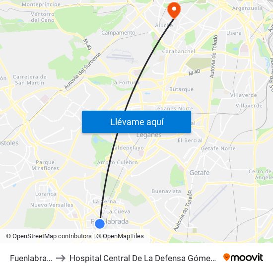 Fuenlabrada to Hospital Central De La Defensa Gómez Ulla. map