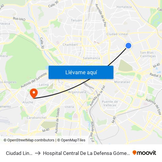 Ciudad Lineal to Hospital Central De La Defensa Gómez Ulla. map