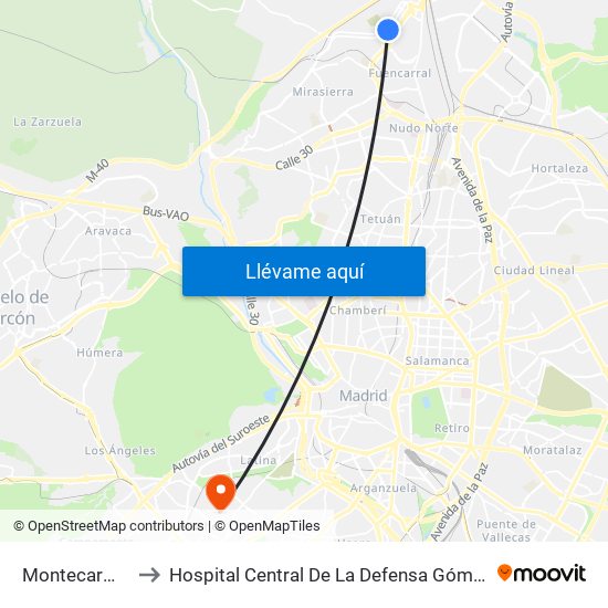 Montecarmelo to Hospital Central De La Defensa Gómez Ulla. map