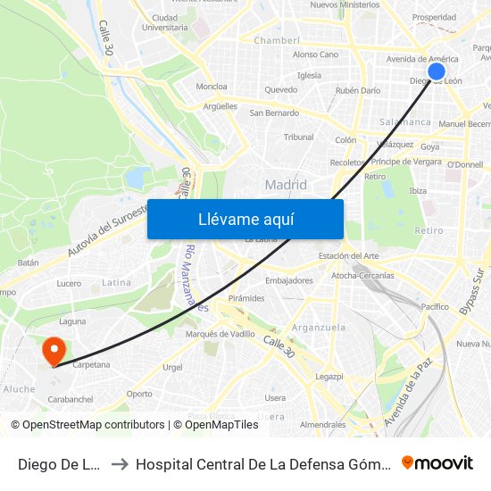 Diego De León to Hospital Central De La Defensa Gómez Ulla. map