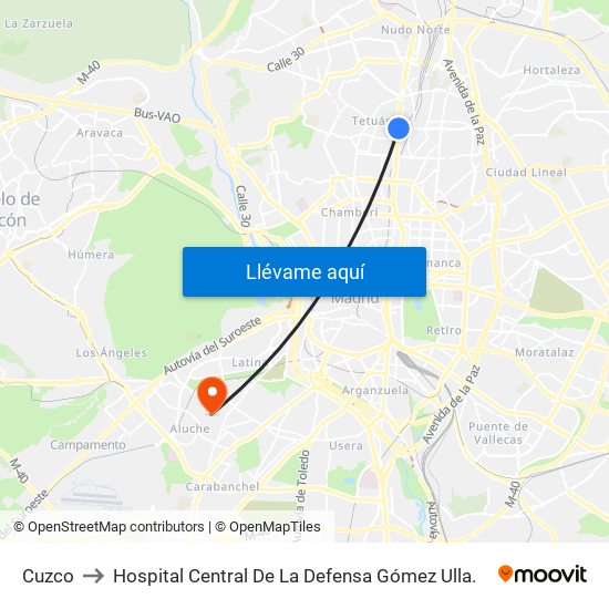 Cuzco to Hospital Central De La Defensa Gómez Ulla. map