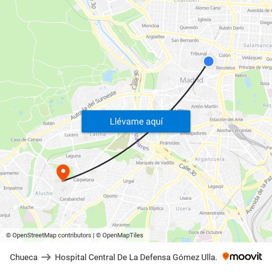 Chueca to Hospital Central De La Defensa Gómez Ulla. map