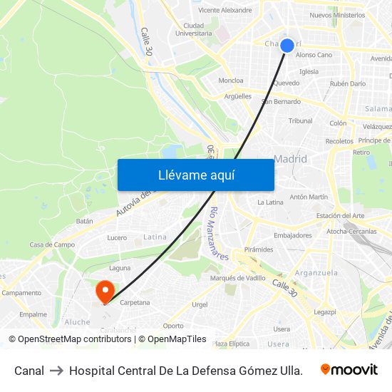 Canal to Hospital Central De La Defensa Gómez Ulla. map