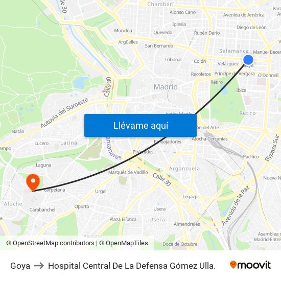 Goya to Hospital Central De La Defensa Gómez Ulla. map