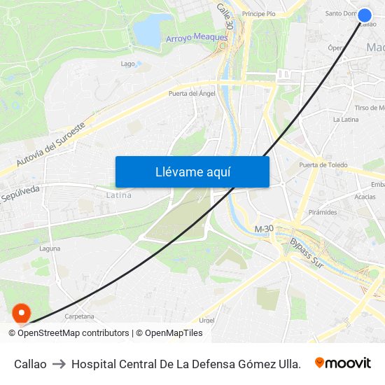Callao to Hospital Central De La Defensa Gómez Ulla. map