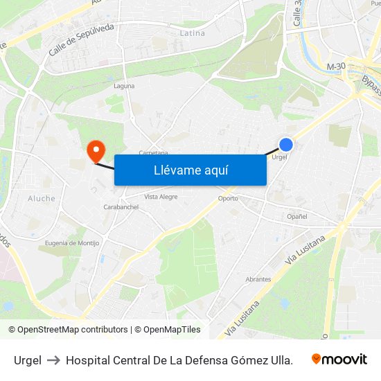 Urgel to Hospital Central De La Defensa Gómez Ulla. map