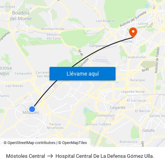 Móstoles Central to Hospital Central De La Defensa Gómez Ulla. map