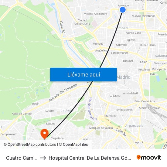 Cuatro Caminos to Hospital Central De La Defensa Gómez Ulla. map