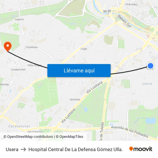 Usera to Hospital Central De La Defensa Gómez Ulla. map