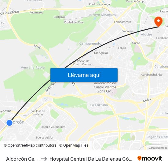 Alcorcón Central to Hospital Central De La Defensa Gómez Ulla. map