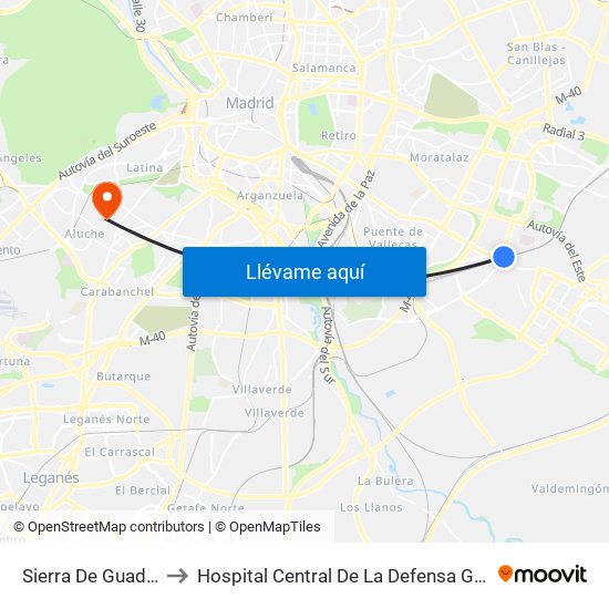Sierra De Guadalupe to Hospital Central De La Defensa Gómez Ulla. map