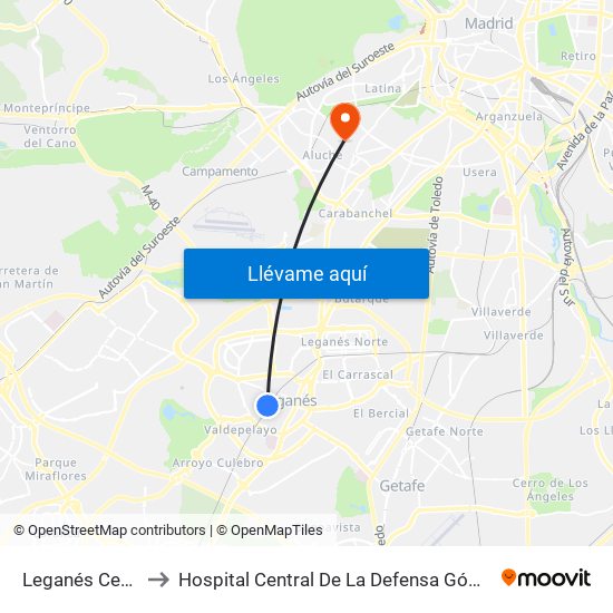 Leganés Central to Hospital Central De La Defensa Gómez Ulla. map