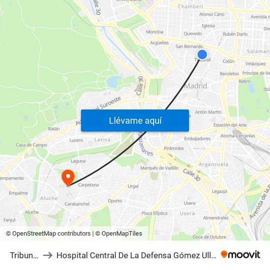 Tribunal to Hospital Central De La Defensa Gómez Ulla. map