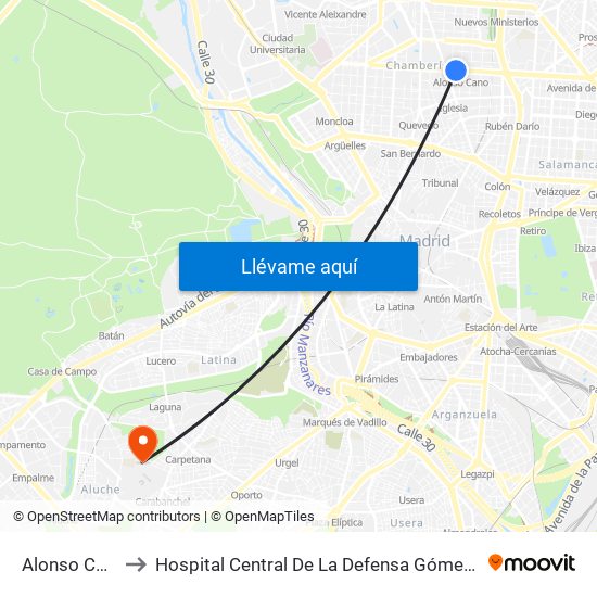 Alonso Cano to Hospital Central De La Defensa Gómez Ulla. map