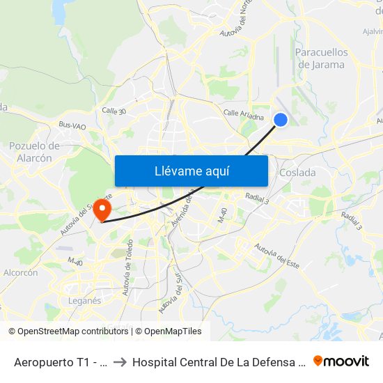 Aeropuerto T1 - T2 - T3 to Hospital Central De La Defensa Gómez Ulla. map