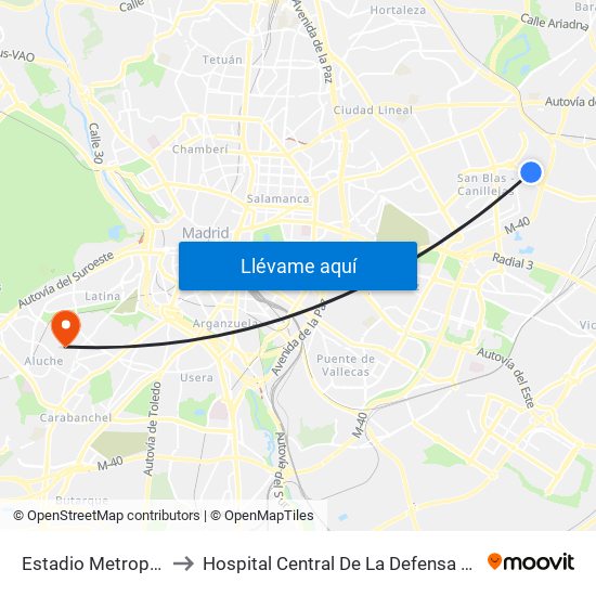 Estadio Metropolitano to Hospital Central De La Defensa Gómez Ulla. map