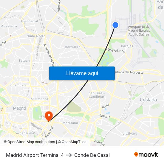 Madrid Airport Terminal 4 to Conde De Casal map