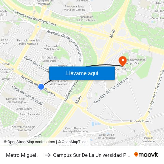 Metro Miguel Hernández to Campus Sur De La Universidad Politécnica De Madrid map