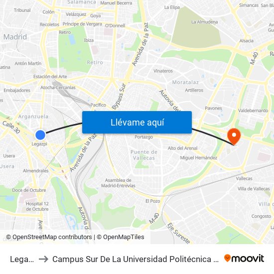 Legazpi to Campus Sur De La Universidad Politécnica De Madrid map