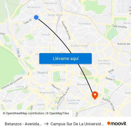 Betanzos - Avenida De La Ilustración to Campus Sur De La Universidad Politécnica De Madrid map