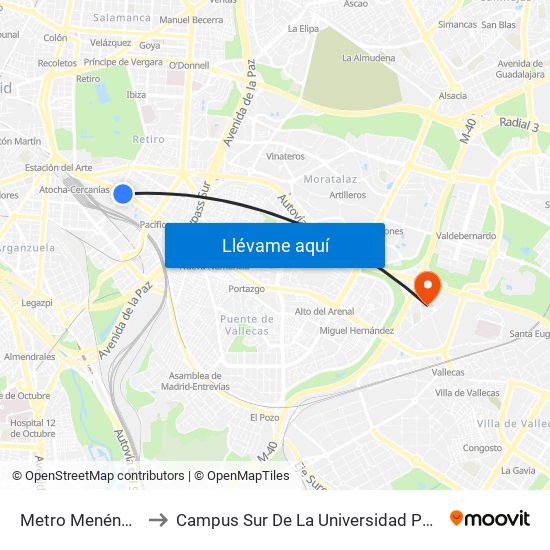 Metro Menéndez Pelayo to Campus Sur De La Universidad Politécnica De Madrid map