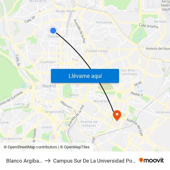 Blanco Argibay - Müller to Campus Sur De La Universidad Politécnica De Madrid map