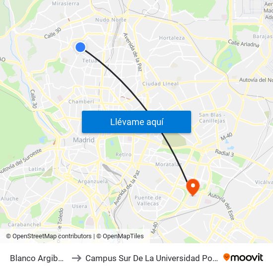 Blanco Argibay - Sorgo to Campus Sur De La Universidad Politécnica De Madrid map
