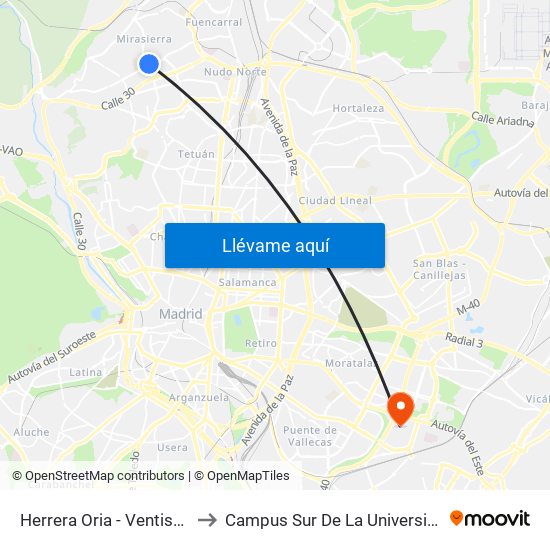 Herrera Oria - Ventisquero De La Condesa to Campus Sur De La Universidad Politécnica De Madrid map